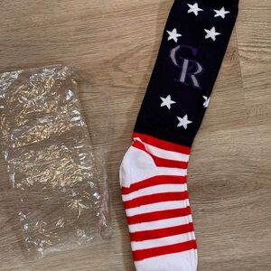 Colorado Rockies Stars Stripes Game Giveaway Socks Blue Red White Purple Logo